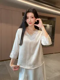 【奈雪】夏季2025新款上衣小衫新中式国风女装宽松绣花薄款长袖衬衫