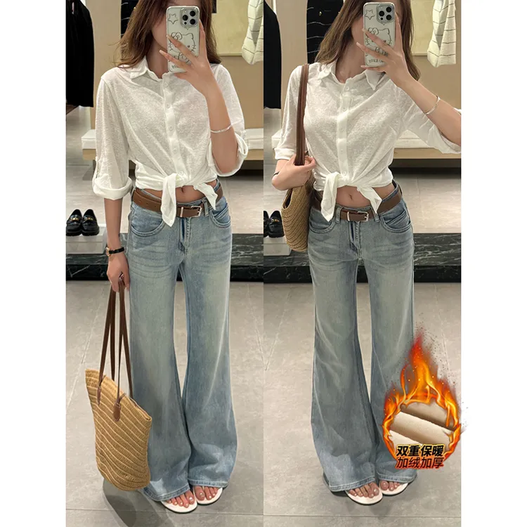 清新蓝调低腰加绒微喇牛仔裤女2025冬季新款简单显瘦显腿长休闲裤