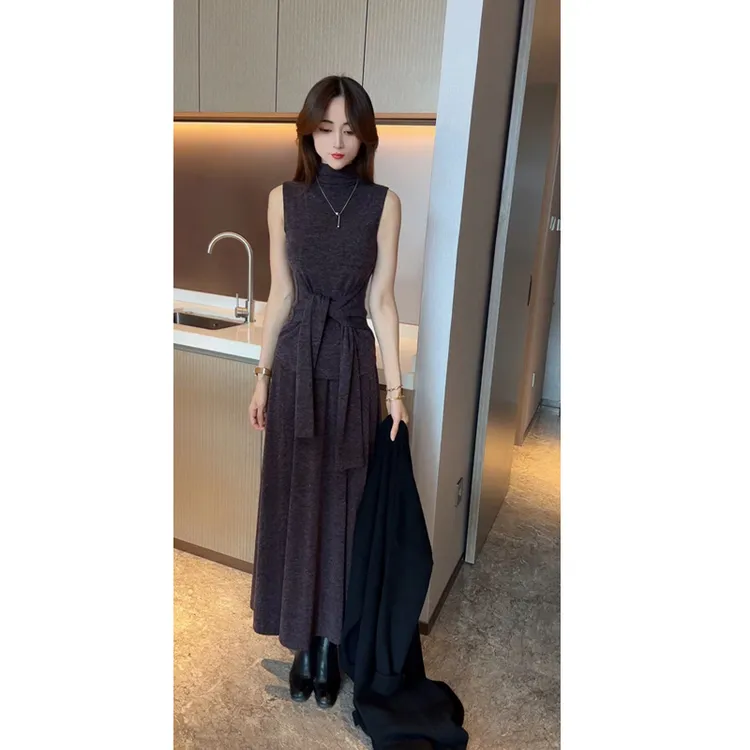 名媛风气质洋气半高领绑带上衣女中长款显瘦半身裙长裙套装裙潮