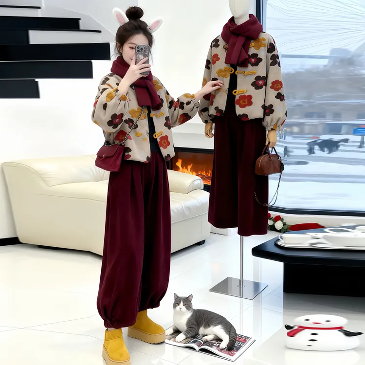 秋冬温柔系穿搭女2025新款气质慵懒风短款外套高腰裤子两件套装潮