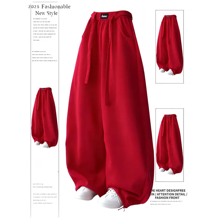 300斤大码美式复古红色弯刀卫裤男士新款秋冬设计感松紧腰阔腿裤2