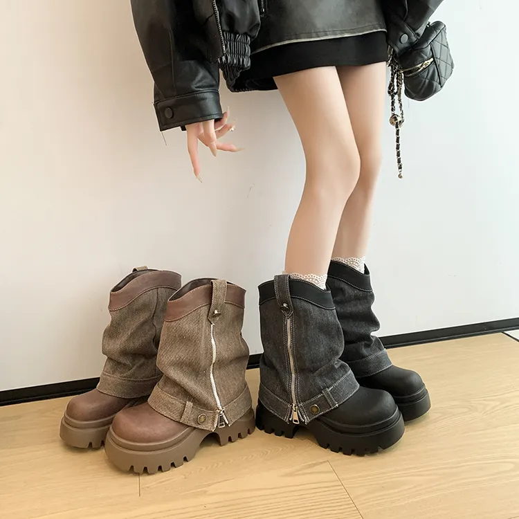 7cm厚底牛仔布裤管靴女2025新款短靴甜酷辣妹增高马丁靴中筒靴子