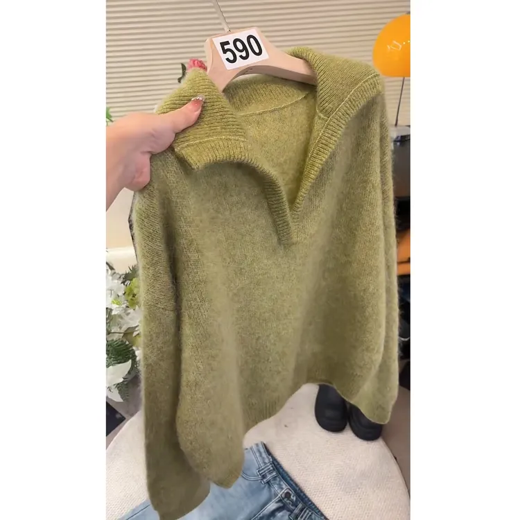 慵懒风翻领氛围感长袖针织衫女2025秋冬新款宽松软糯毛衣