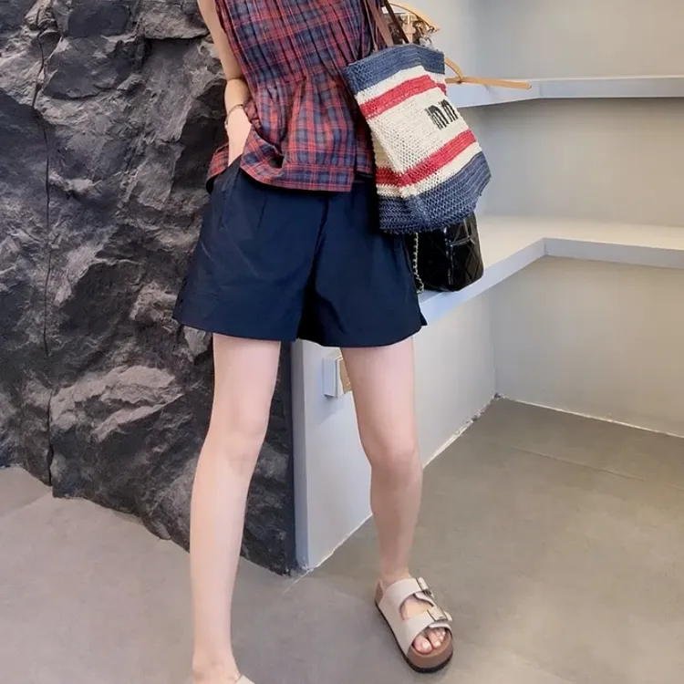 藏青色薄款松紧休闲裤女夏季新款宽松遮胯A字阔腿裤高腰百搭短裤