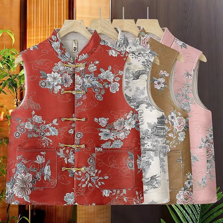 中国风新中式女加厚款印花纯色立领国风马夹无袖马甲