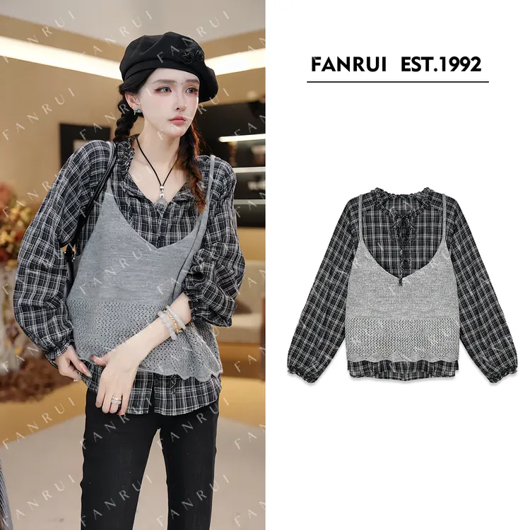 FANRUI/泛芮「少女日记」马海羊毛混纱马甲两件套衬衫套装B18399