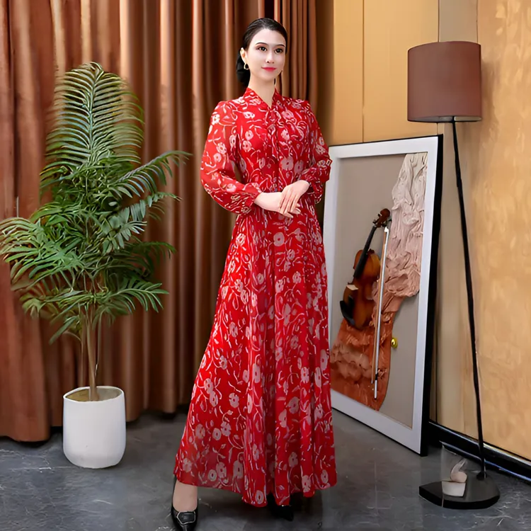 香衣丽华04-391秋季新款花色大摆连衣裙修身显瘦气质简约大摆长裙