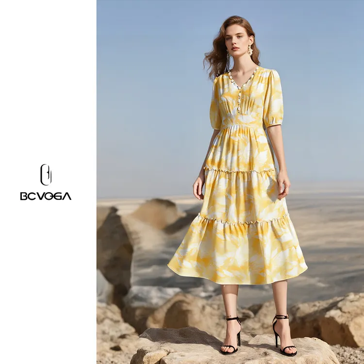 法式双色连衣裙V领气质晕色收腰款中长款夏季时尚优雅大气