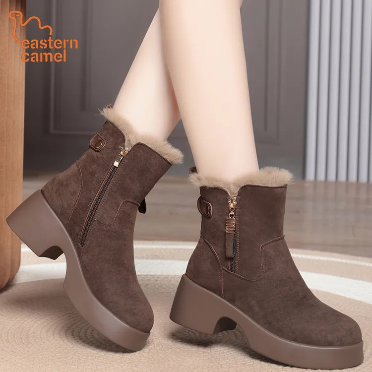 东方骆驼秋冬新款加绒保暖马丁靴厚底弹力靴女士保暖靴粗跟马丁靴