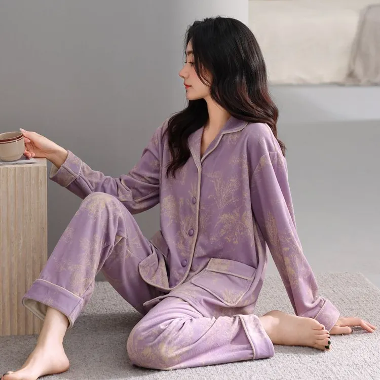 秋冬海岛绒加绒加厚高档奢华翻领开衫长袖睡衣女冬季新款厚款套装