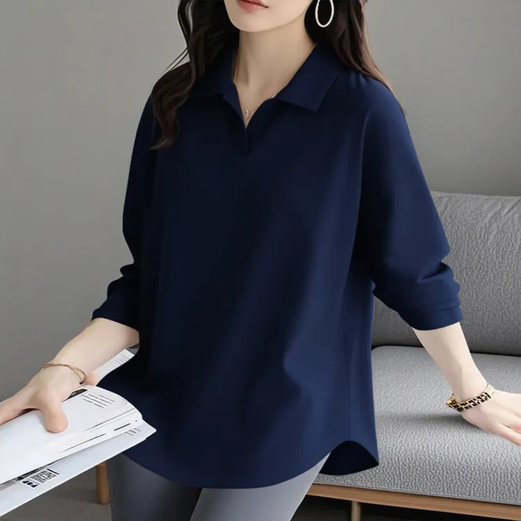 纯色POLO衫女长袖春秋季休闲大码胖M宽松显瘦内搭打底翻领T恤上衣