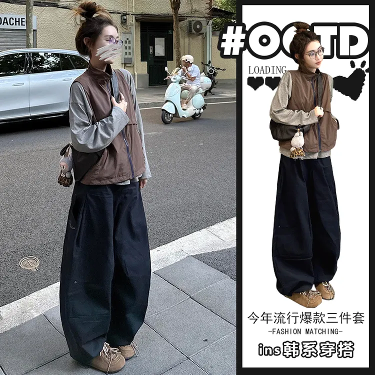 秋季2025年欧美宽松马甲灰色宽松上衣休闲裤港味别致百搭三件套潮