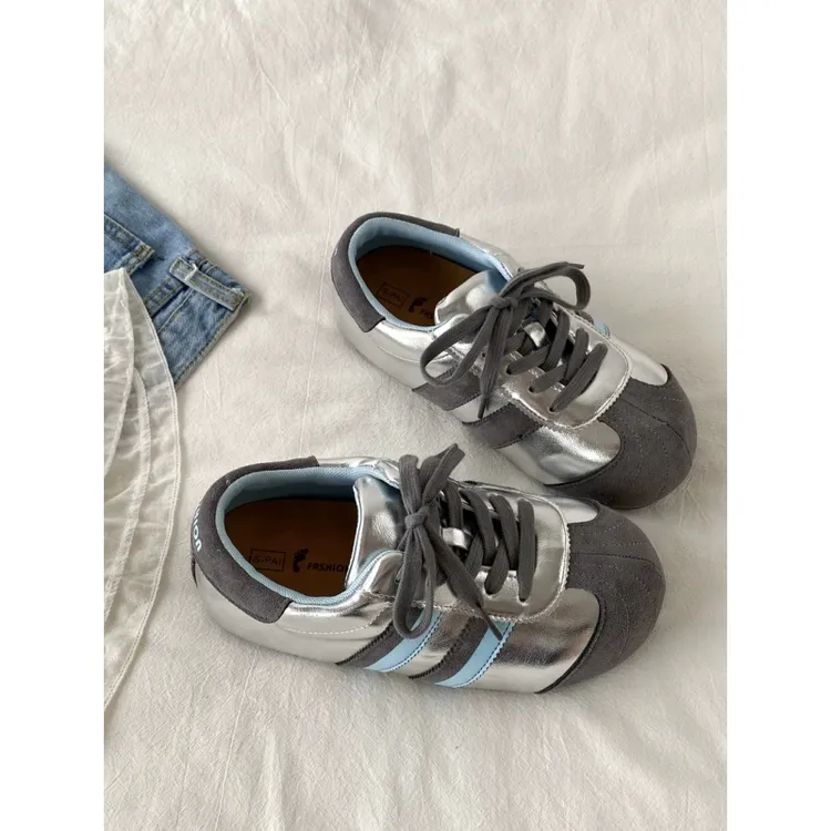 小众不撞款银色大头丑萌鞋女春秋2025百搭厚底面包鞋复古德训板鞋