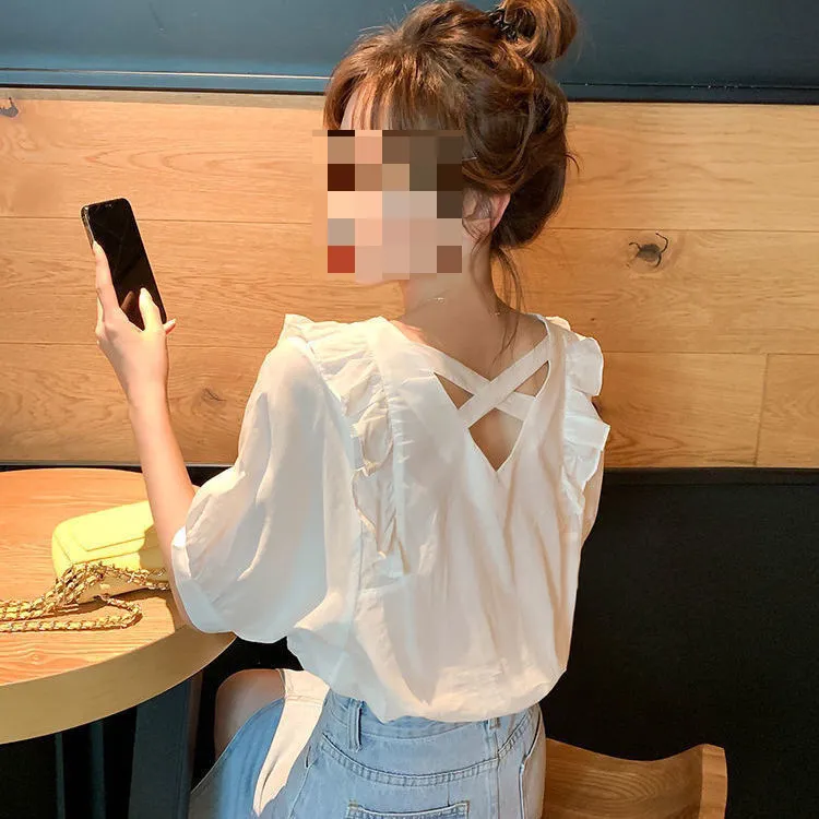 V领木耳边冰爽棉今年流行衬衫女2025夏新款短袖气质显瘦洋气休闲