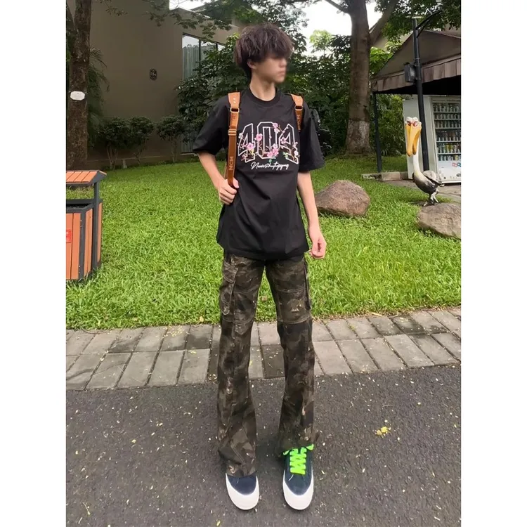 美式复古迷彩工装裤男夏季薄款高街微喇叭裤子cleanfit修身牛仔裤