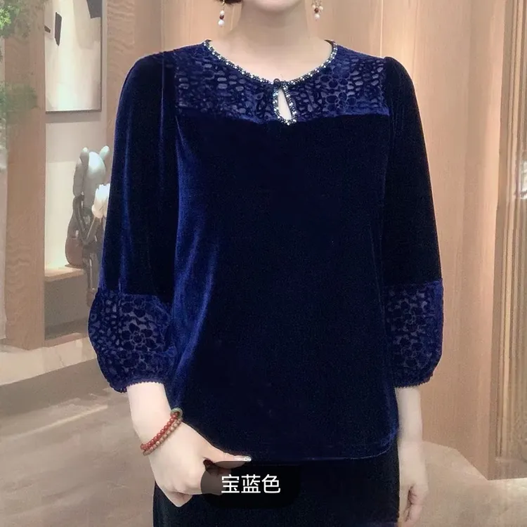 时尚水滴领长袖中老年丝绒烧花上衣宽松遮肉气质妈妈装
