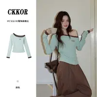 CKKOR美式辣妹短款长袖t恤女休闲风韩版气质修身显瘦斜领露肩上衣