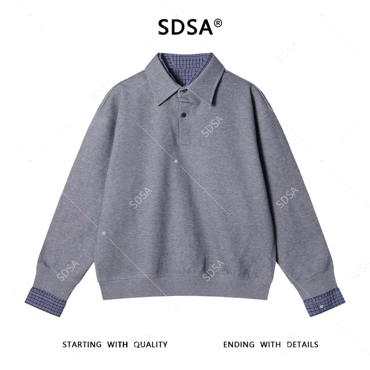 SDSA秋冬新款痞帅男装假两件拼接格子衬衫卫衣翻领套头时尚上衣