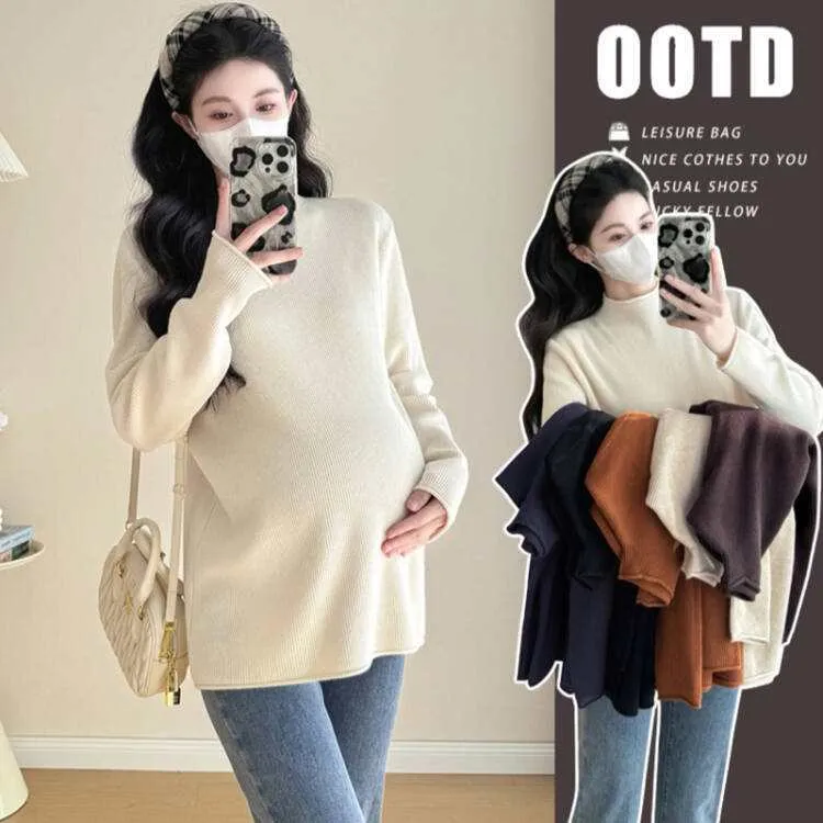 孕妇装 秋冬加厚卷边领高品质针织衫孕妈多色百搭打底衫显瘦衣服