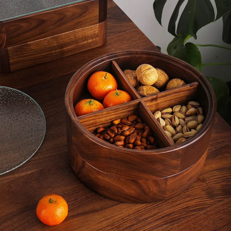 黑胡桃实木干果盒创意分格带盖果盘家用糖果零食收纳盒大2025新款
