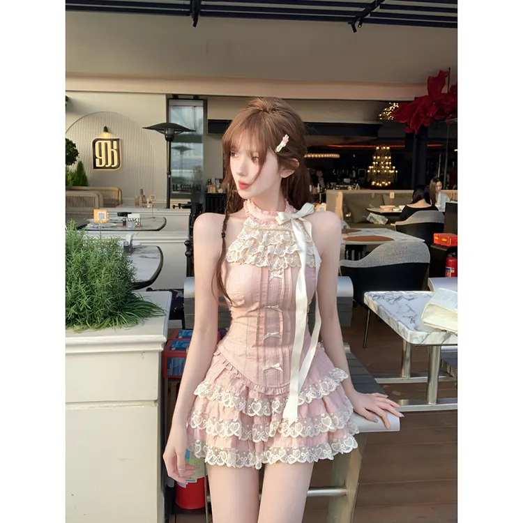 甜心轰炸机 甜美收腰显瘦无袖上衣半身裙出游套装夏季