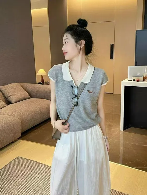 薄款修身型刺绣套头款狗毛针织衫小众翻领休闲设计感上衣夏季显瘦