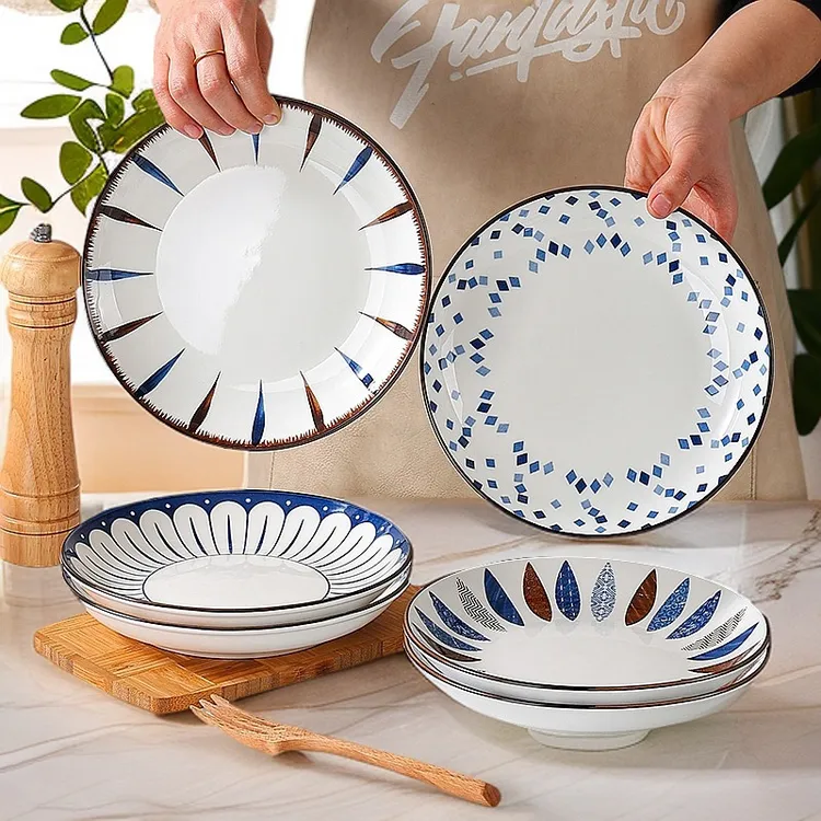 【孟垣】新中式8英寸饭盘4个颜色随机陶瓷釉下彩菜碟子创意饭盘ins