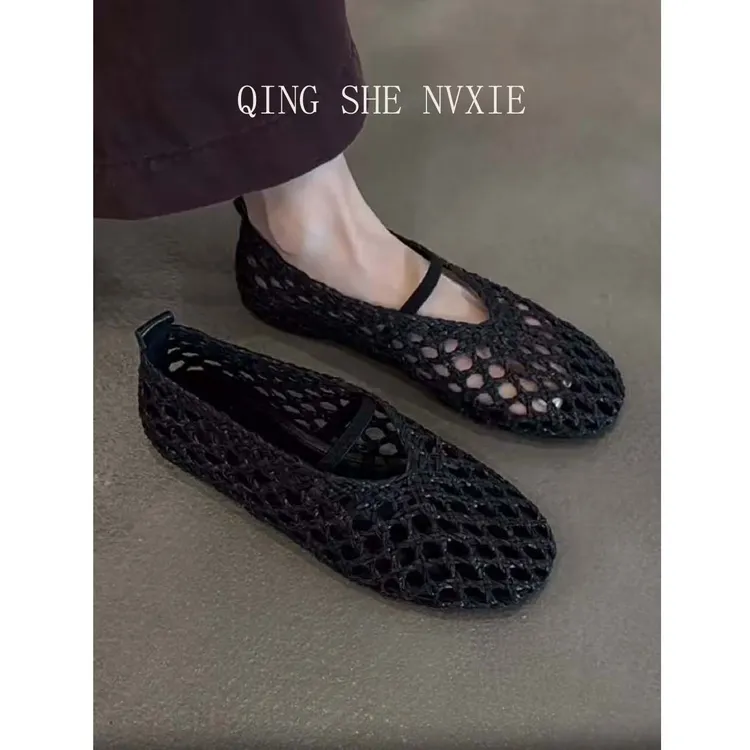 羊皮版~一脚蹬夏季凉鞋网面缕空编织透气复古平底鞋女夏休闲单鞋