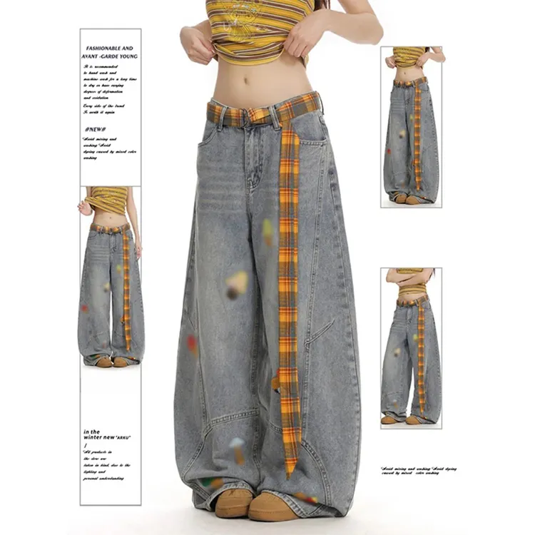 【送腰带+运费险】美式卡通毛巾绣弯刀牛仔裤女秋冬宽松阔腿拖地裤