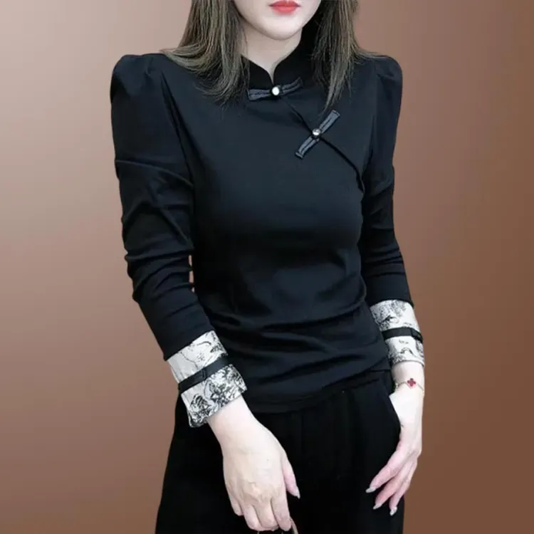 2025年春秋季新款T恤女装上衣设计感国风潮款高级感长袖洋气文艺