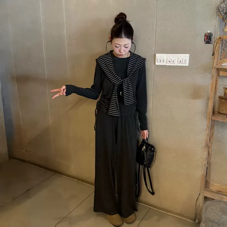 【定制款】兔毛罗纹 韩版时尚洋气长袖条纹披肩+高腰阔腿拖地裤套装