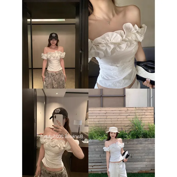 白色荷叶边一字肩提花上衣女夏季2025新款百搭设计感小众纯欲衬衫