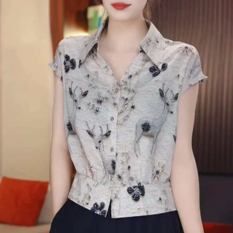 2025翻领印花薄款衬衫时尚洋气衬衣百搭夏装小衫宽松夏季衬衫袖女