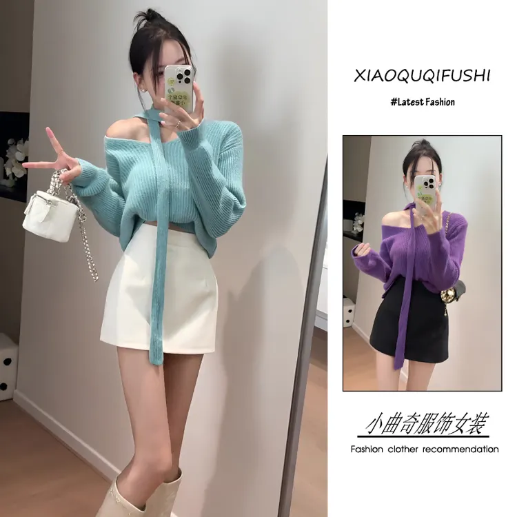 超火秋冬季穿搭一整套女2025新款韩版辣妹风飘带斜肩毛衣短裙套装