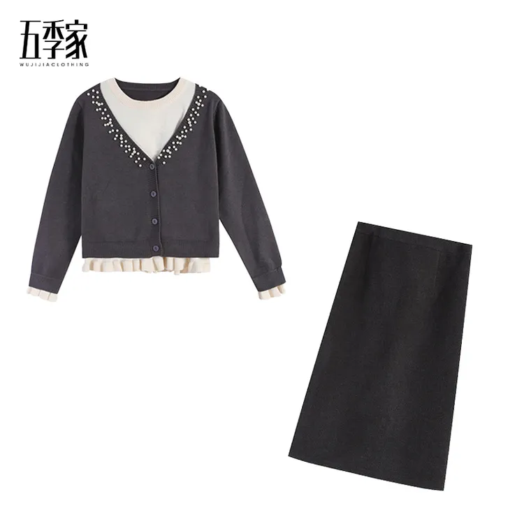 麦麦五季家大码灰拼杏上衣配灰色长半裙两件套ZL115073+ZL114335