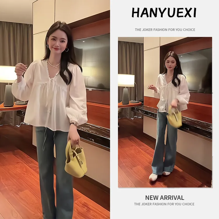 夏季一整套女装2025年新款韩版遮肚显瘦减龄长袖上衣牛仔裤两件套