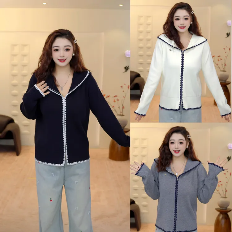 梦丞大码女装秋冬时尚百搭显瘦休闲撞色双拉链设计感连帽针织外套