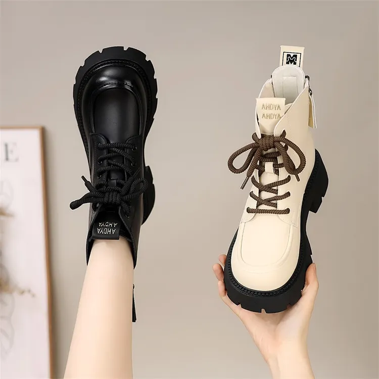 软皮厚底马丁靴女时尚2025秋季新款英伦风显瘦后拉链软底防滑短靴