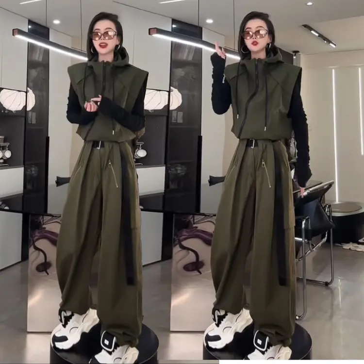 2025秋季新款运动服套装女欧货斜拉链连帽马甲+阔腿裤休闲两件套