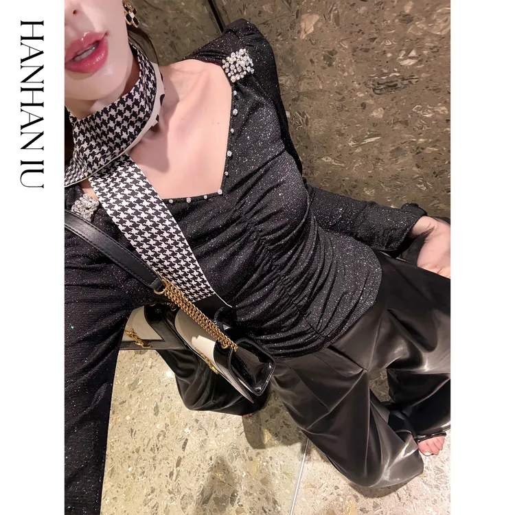 韩韩IU【暮光星河】精致华丽复古优雅宫廷风V领修身女式上衣秋新款