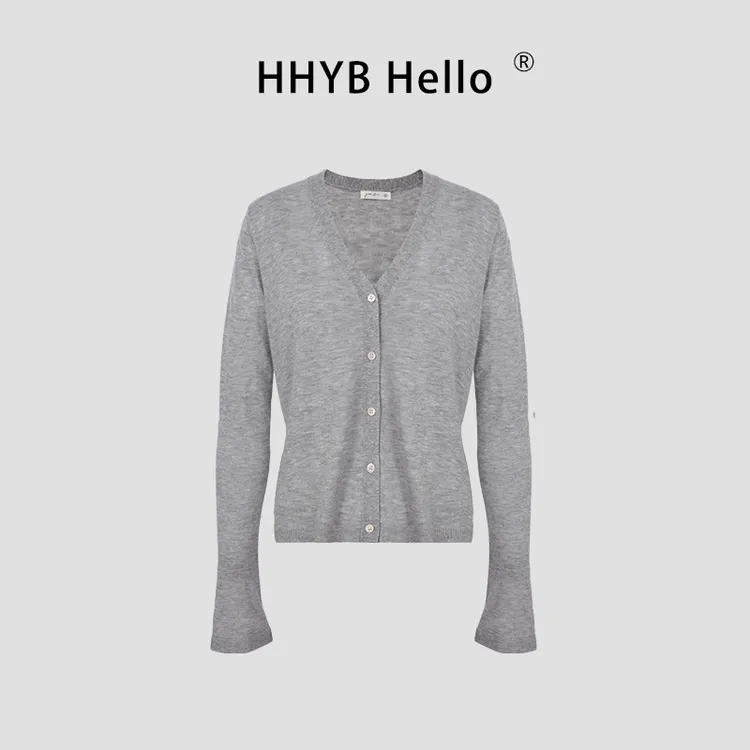 HHYB Hello超细羊毛V领长袖薄款针织空调衫开衫纯色百搭上衣M1181