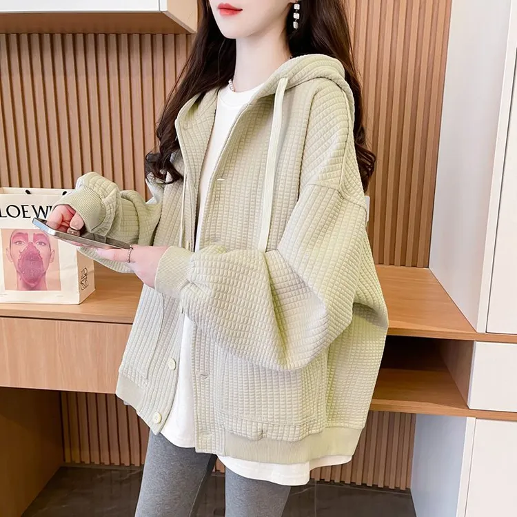 连帽卫衣外套女2025新款春秋季宽松设计感休闲纯色华夫格开衫上衣