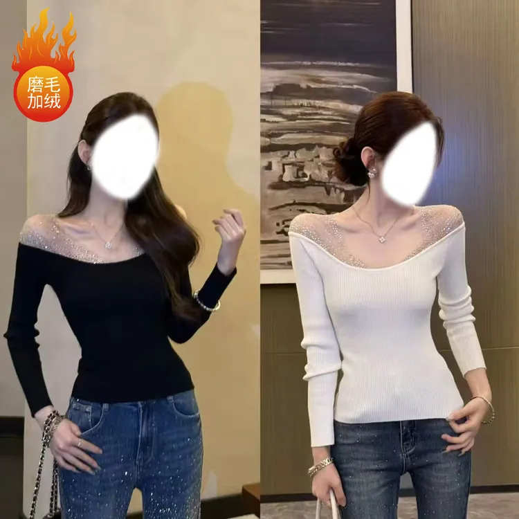 [极光梦境]设计感重工烫钻气质上衣修身显瘦小衫长袖针织