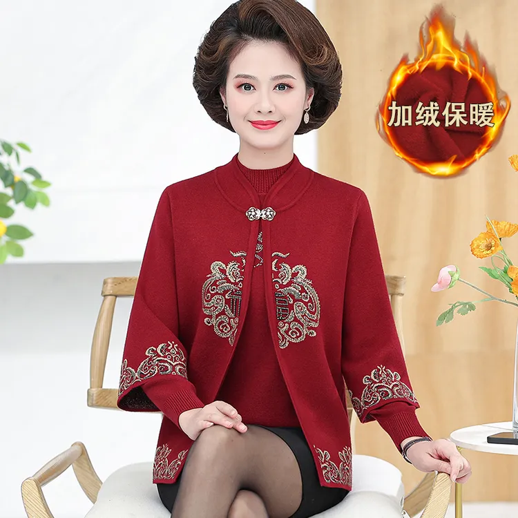 中老年人秋冬女妈妈新款两件套装奶奶加绒加厚红色毛衣针织衫外套