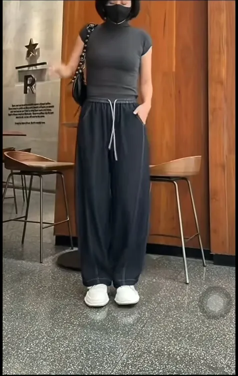 高腰休闲弯刀裤女宽松显瘦垂坠感直筒裤抽绳设计