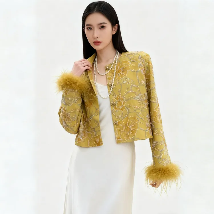 点点家女装早秋小香风加厚套装气质老钱风重工刺绣外套长裙两件套