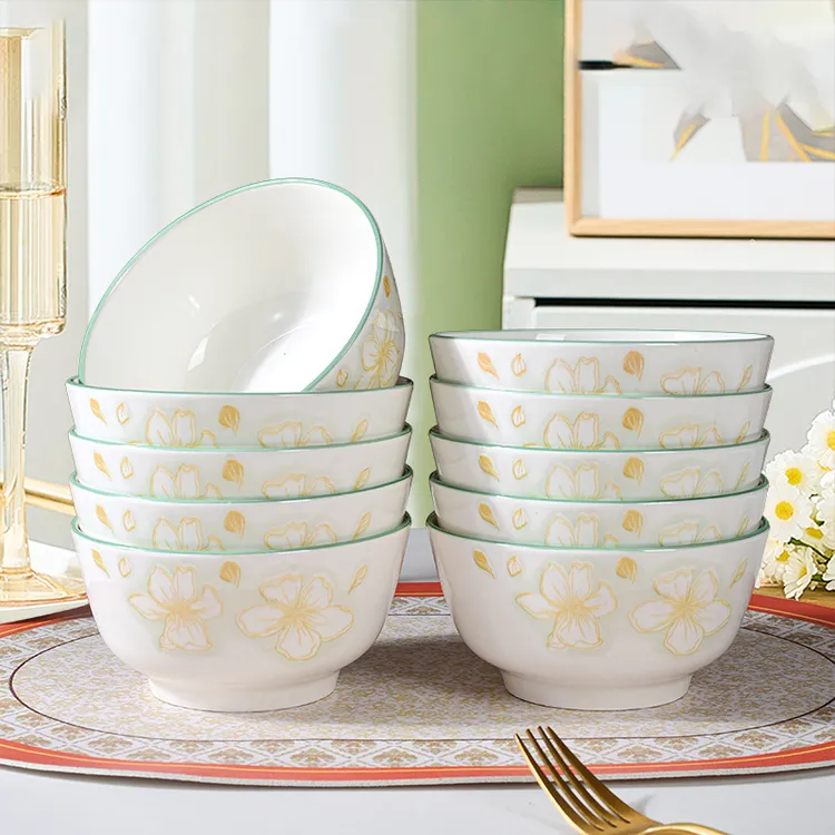 黄金叶5英寸10只装饭碗家用饭碗2025新款陶瓷釉下彩吃饭碗耐高温