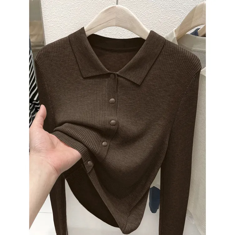 2025秋季新款桑蚕丝气质长袖针织开衫单穿上衣深棕色POLO领毛衣