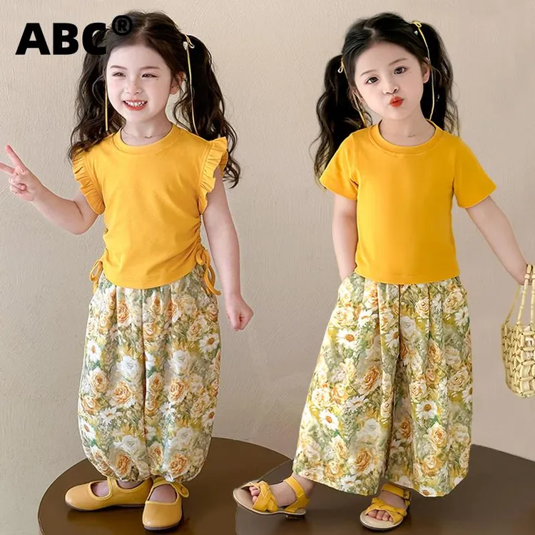 ABC女童夏季套装2025新款儿童洋气短袖T恤薄款夏装碎花阔腿裤两件