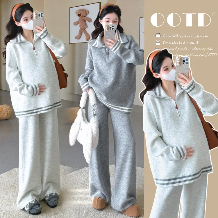 秋冬孕妇秋冬软糯亲肤翻领毛衣撞色条纹休闲宽松阔腿裤套装